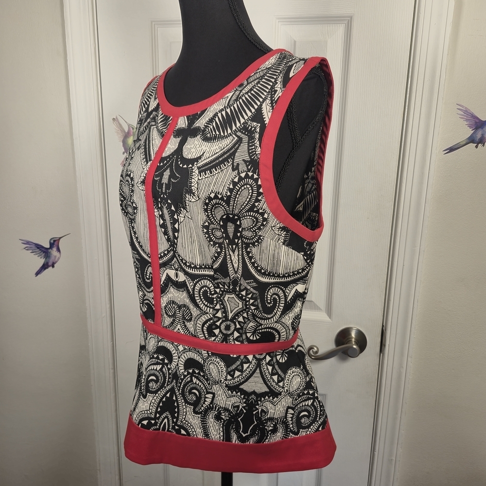 Nicole Miller Peplum Top - Black White Red Tribal Geometric Print Size L - Picture 3 of 6